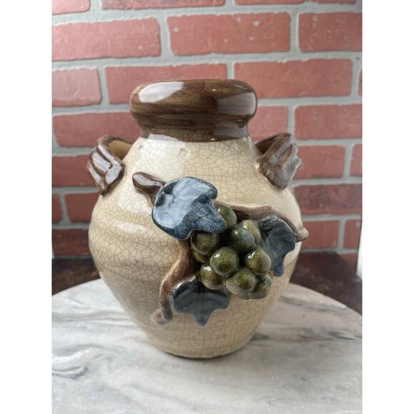 Vintage Crackle Glaze Grape Cluster Pottery Vase Jug Rustic Farmhouse 9.5" - Picture 1 of 8